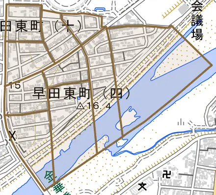 早田東町とその周辺の地図。町の範囲を重ねている