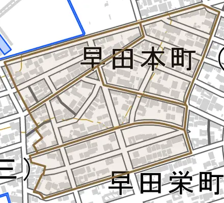 早田本町とその周辺の地図。町の範囲を重ねている