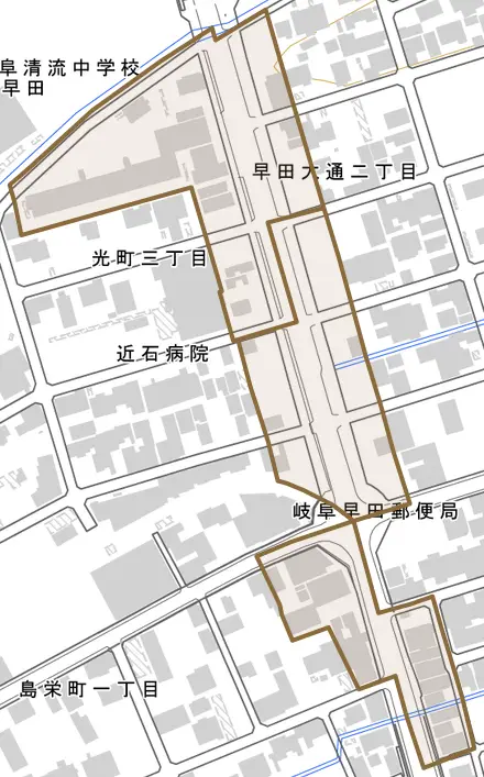早田大通とその周辺の地図。町の範囲を重ねている