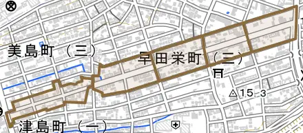 早田栄町とその周辺の地図。町の範囲を重ねている