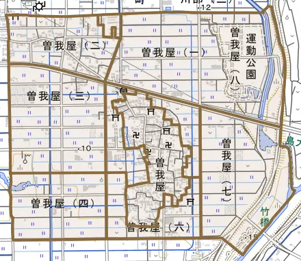 曽我屋とその周辺の地図。町の範囲を重ねている
