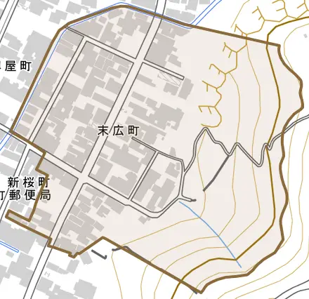 末広町とその周辺の地図。町の範囲を重ねている