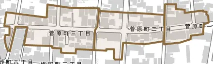 菅原町とその周辺の地図。町の範囲を重ねている