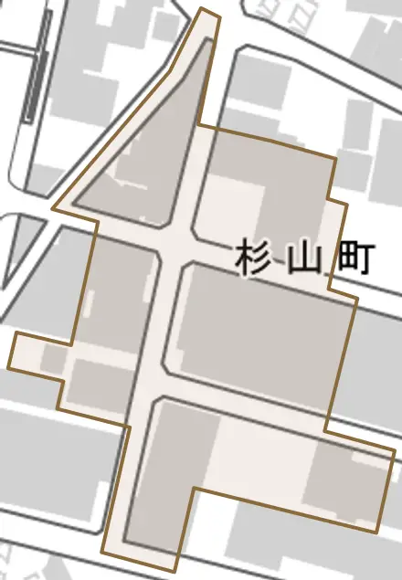 杉山町とその周辺の地図。町の範囲を重ねている