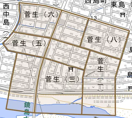 菅生とその周辺の地図。町の範囲を重ねている