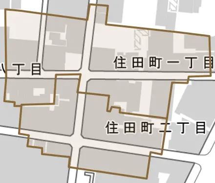 住田町とその周辺の地図。町の範囲を重ねている