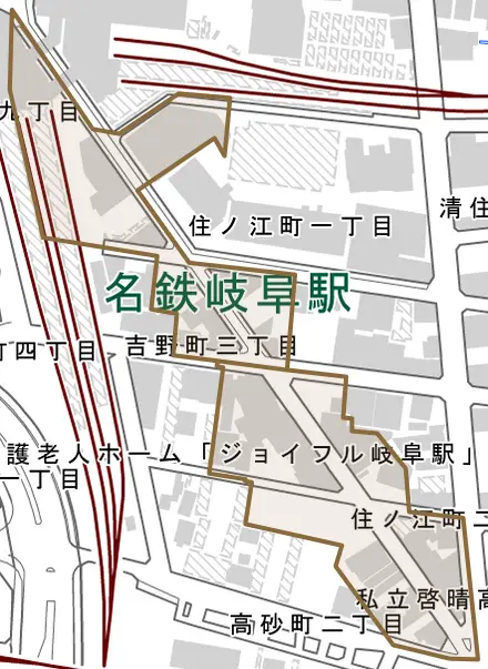 住ノ江町とその周辺の地図。町の範囲を重ねている