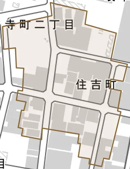 住吉町とその周辺の地図。町の範囲を重ねている