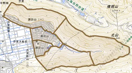諏訪山とその周辺の地図。町の範囲を重ねている