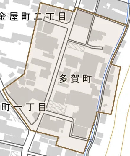 多賀町とその周辺の地図。町の範囲を重ねている