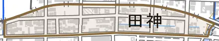 田神とその周辺の地図。町の範囲を重ねている