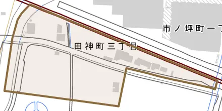 田神町とその周辺の地図。町の範囲を重ねている