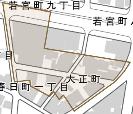 大正町とその周辺の地図。町の範囲を重ねている