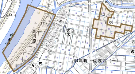高河原とその周辺の地図。町の範囲を重ねている