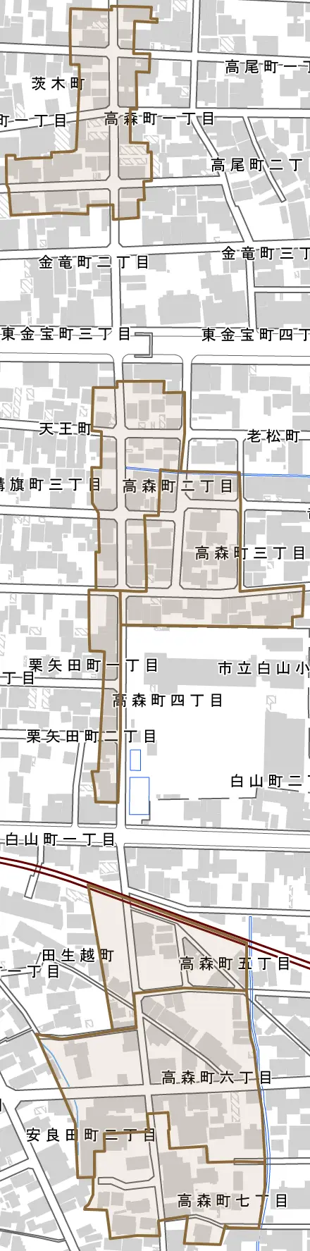 高森町とその周辺の地図。町の範囲を重ねている