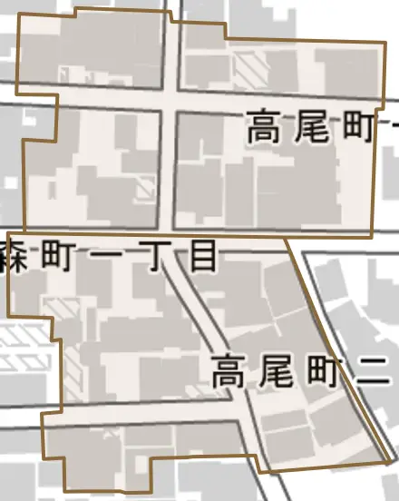 高尾町とその周辺の地図。町の範囲を重ねている