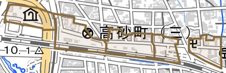 高砂町とその周辺の地図。町の範囲を重ねている