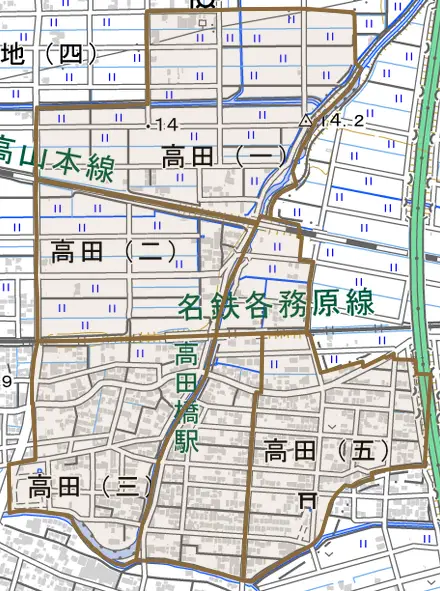 高田とその周辺の地図。町の範囲を重ねている