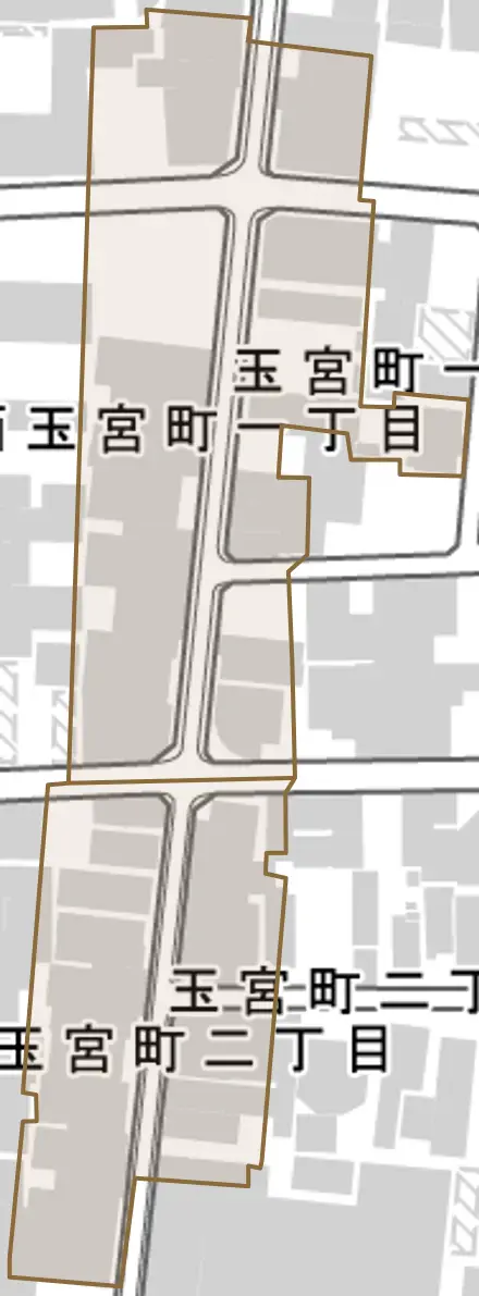 玉宮町とその周辺の地図。町の範囲を重ねている