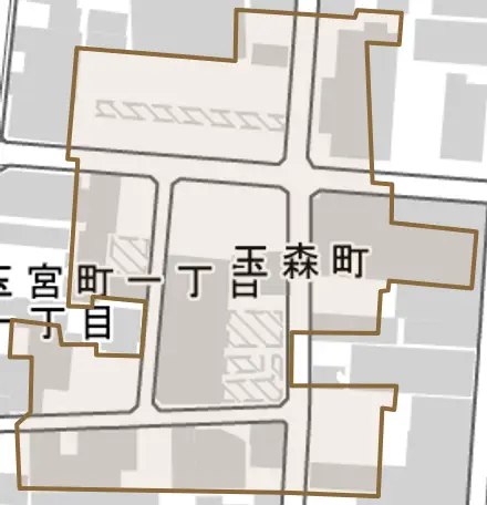 玉森町とその周辺の地図。町の範囲を重ねている