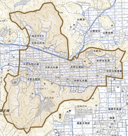 太郎丸とその周辺の地図。町の範囲を重ねている