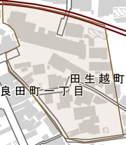 田生越町とその周辺の地図。町の範囲を重ねている