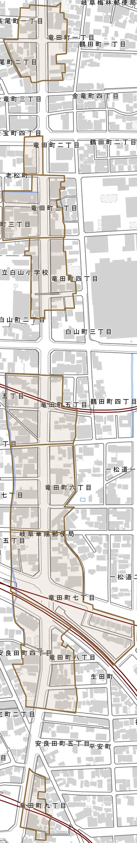 竜田町とその周辺の地図。町の範囲を重ねている