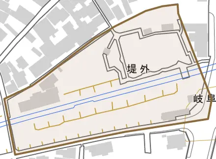 堤外とその周辺の地図。町の範囲を重ねている