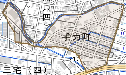 手力町とその周辺の地図。町の範囲を重ねている