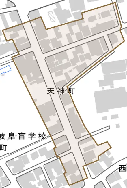 天神町とその周辺の地図。町の範囲を重ねている