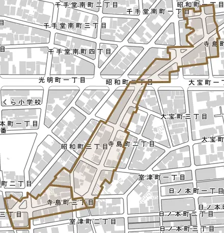 寺島町とその周辺の地図。町の範囲を重ねている