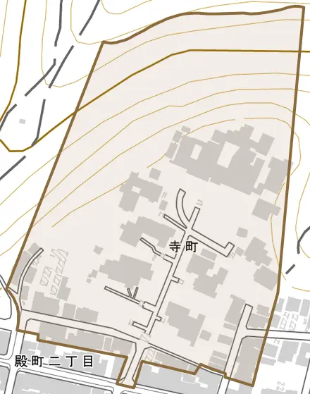 寺町とその周辺の地図。町の範囲を重ねている