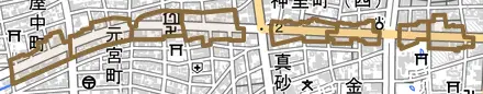 徹明通とその周辺の地図。町の範囲を重ねている