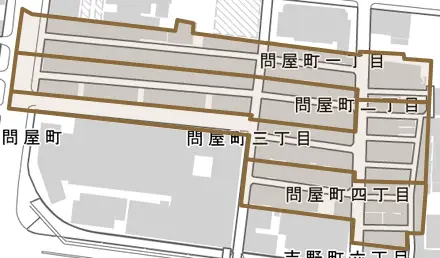 問屋町とその周辺の地図。町の範囲を重ねている