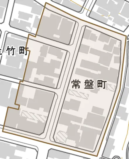 常盤町とその周辺の地図。町の範囲を重ねている