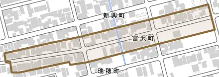 富沢町とその周辺の地図。町の範囲を重ねている