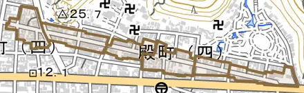 殿町とその周辺の地図。町の範囲を重ねている