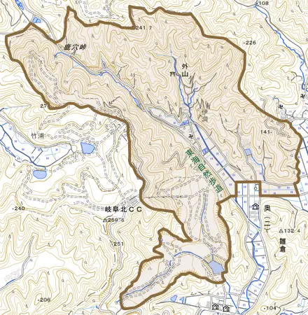 外山とその周辺の地図。町の範囲を重ねている