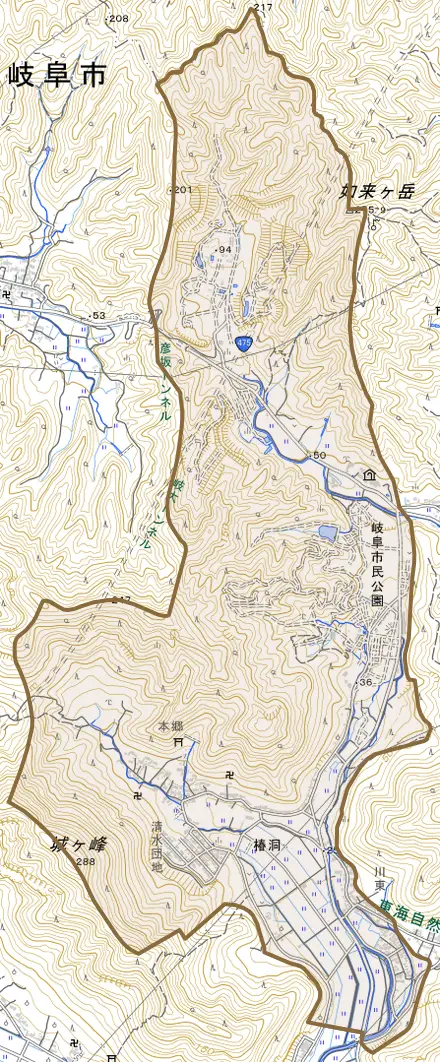 椿洞とその周辺の地図。町の範囲を重ねている