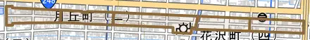 月丘町とその周辺の地図。町の範囲を重ねている