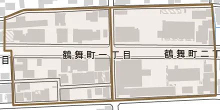 鶴舞町とその周辺の地図。町の範囲を重ねている