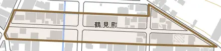 鶴見町とその周辺の地図。町の範囲を重ねている