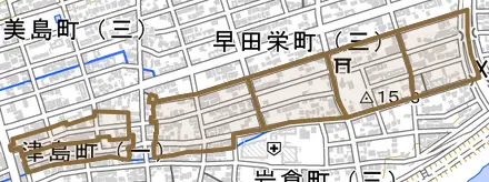 津島町とその周辺の地図。町の範囲を重ねている