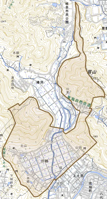 打越とその周辺の地図。町の範囲を重ねている