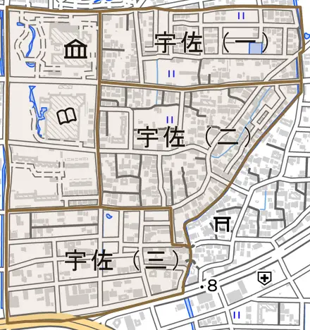 宇佐とその周辺の地図。町の範囲を重ねている