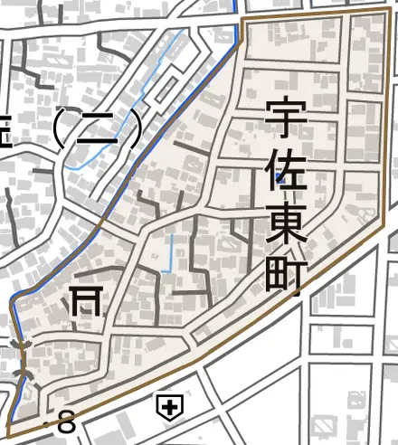宇佐東町とその周辺の地図。町の範囲を重ねている
