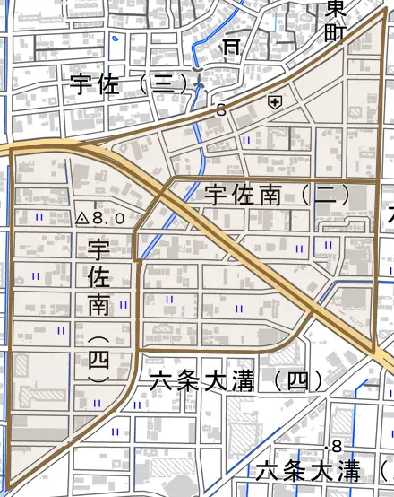 宇佐南とその周辺の地図。町の範囲を重ねている