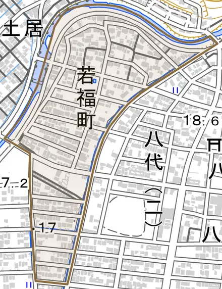 若福町とその周辺の地図。町の範囲を重ねている