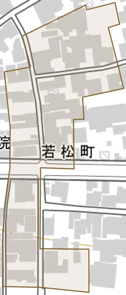 若松町とその周辺の地図。町の範囲を重ねている