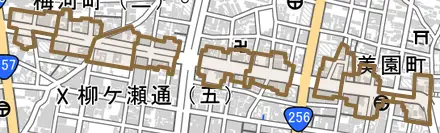 若宮町とその周辺の地図。町の範囲を重ねている
